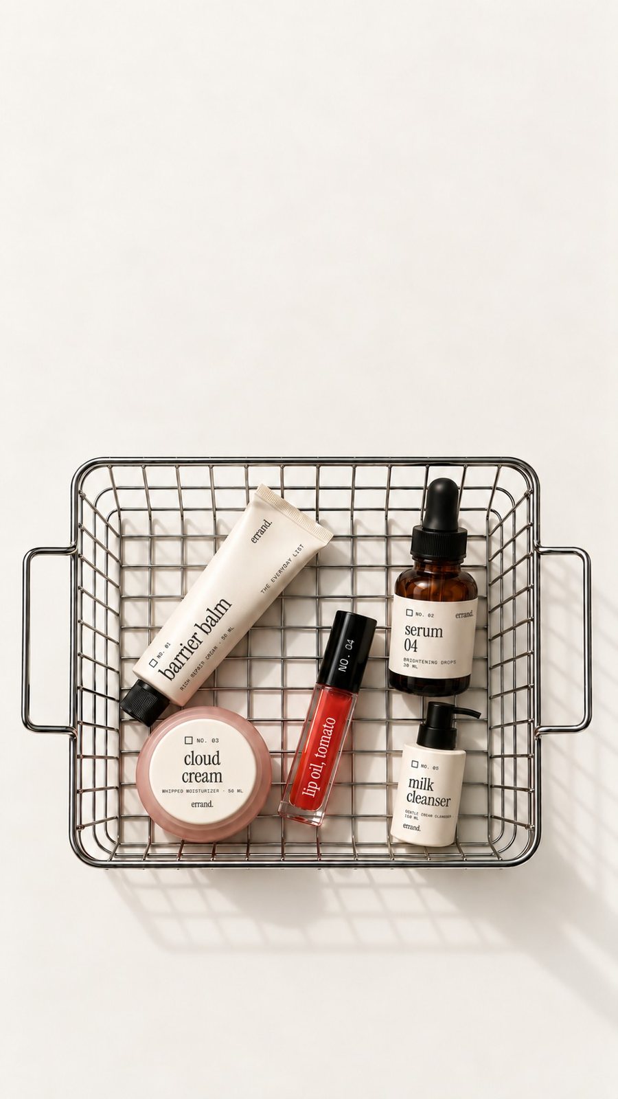 Overhead wire shopping basket holding five skincare products