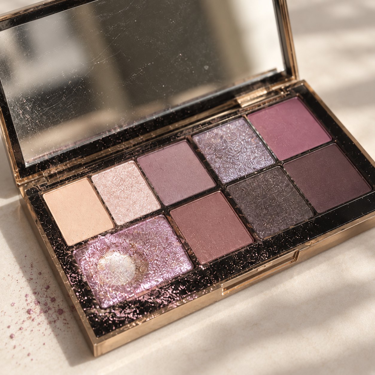 A gold eyeshadow palette with one shade worn to the metal