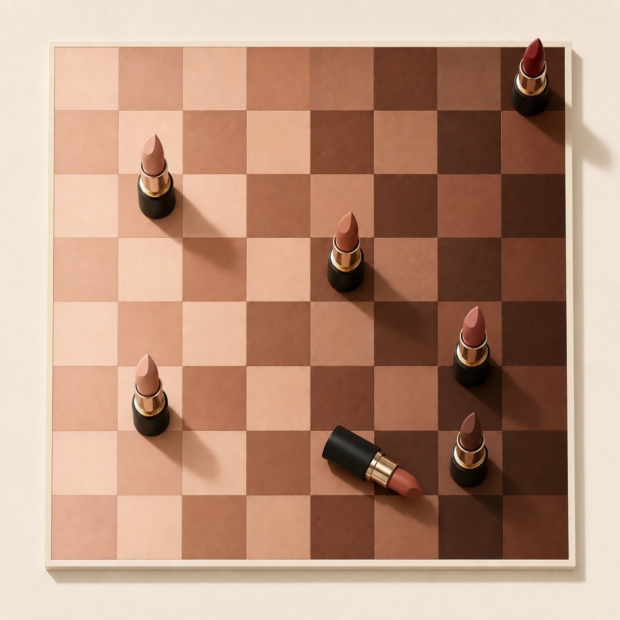 A chessboard of eight nude shades with lipsticks standing on it as pieces
