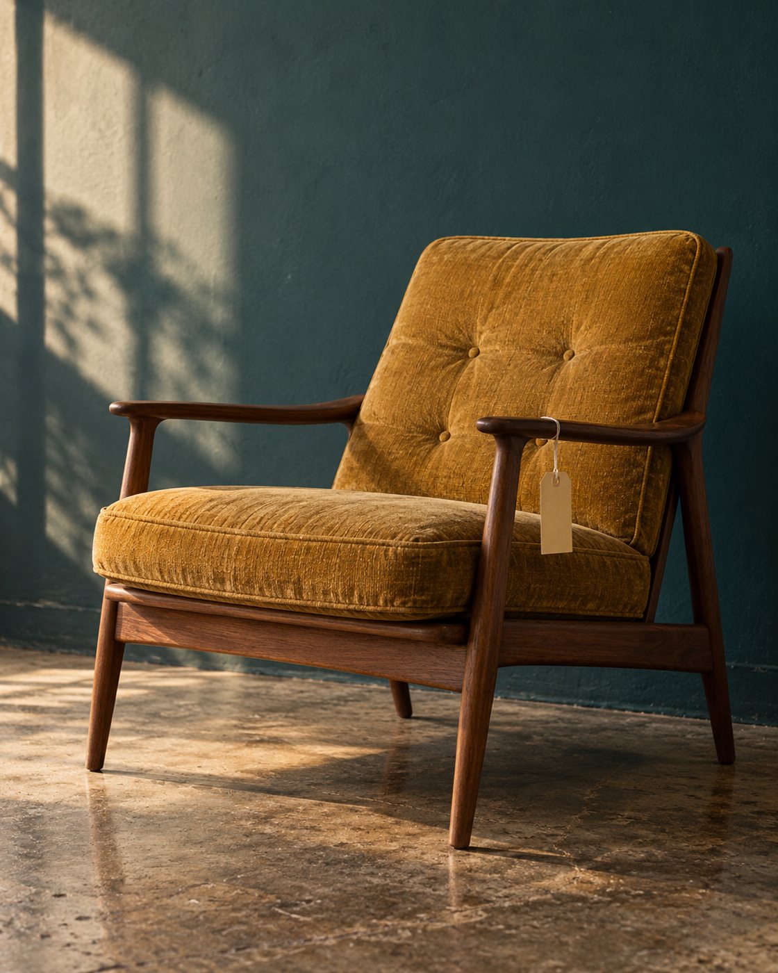 A mustard armchair with a manila price tag against a teal wall