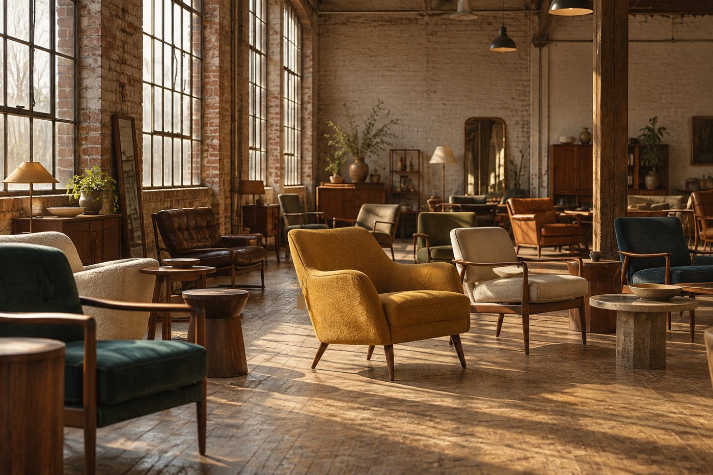 Brick warehouse loft full of vintage chairs